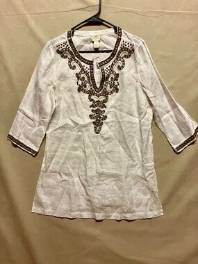 NWT Chicos White Embroidered Tunic Shirt Sz 1 (8/10) Linen Blend 3/4 Sleeve Boho